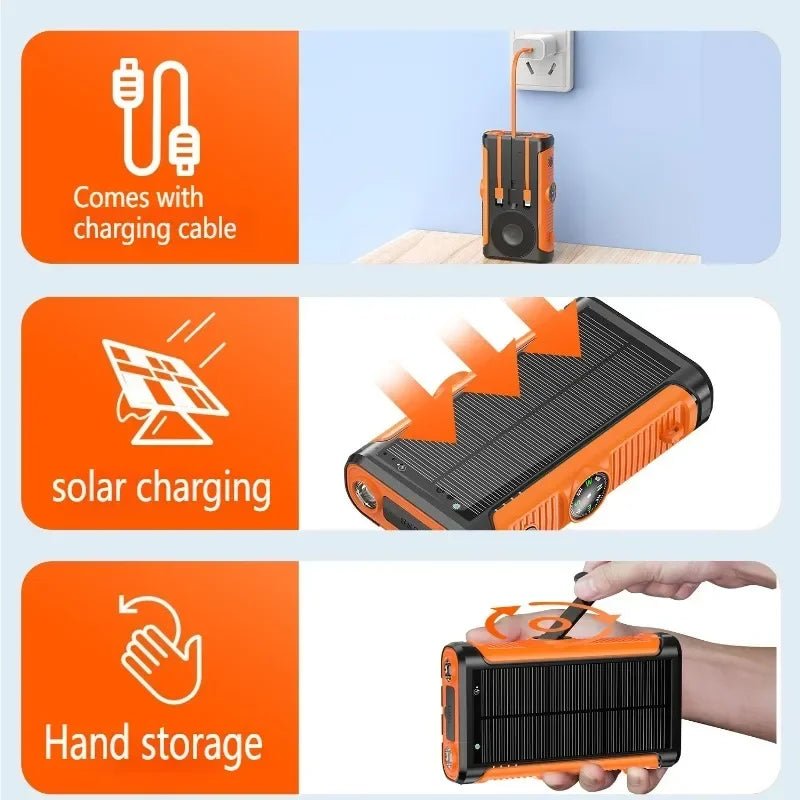 2025 NEW Solar Power Bank 20000mAh 22.5W Magnetic Wireless Powerbank Hand Crank with Cable Portable Charger for Outdoor Camping - Golden High-Tech