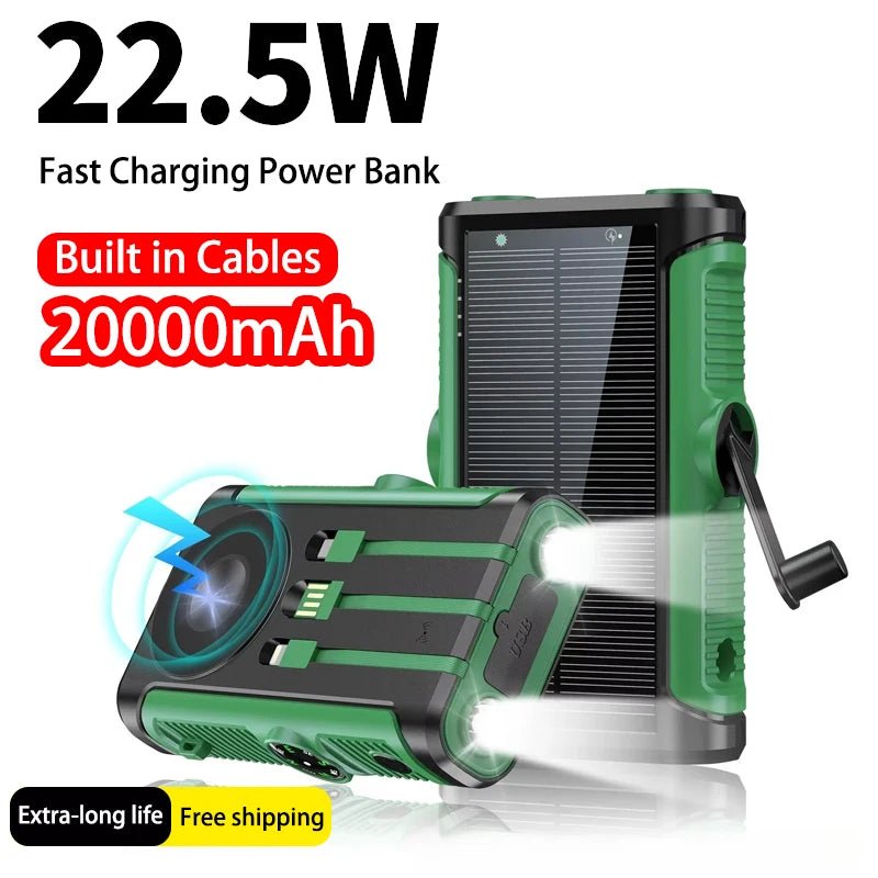2025 NEW Solar Power Bank 20000mAh 22.5W Magnetic Wireless Powerbank Hand Crank with Cable Portable Charger for Outdoor Camping - Golden High-Tech