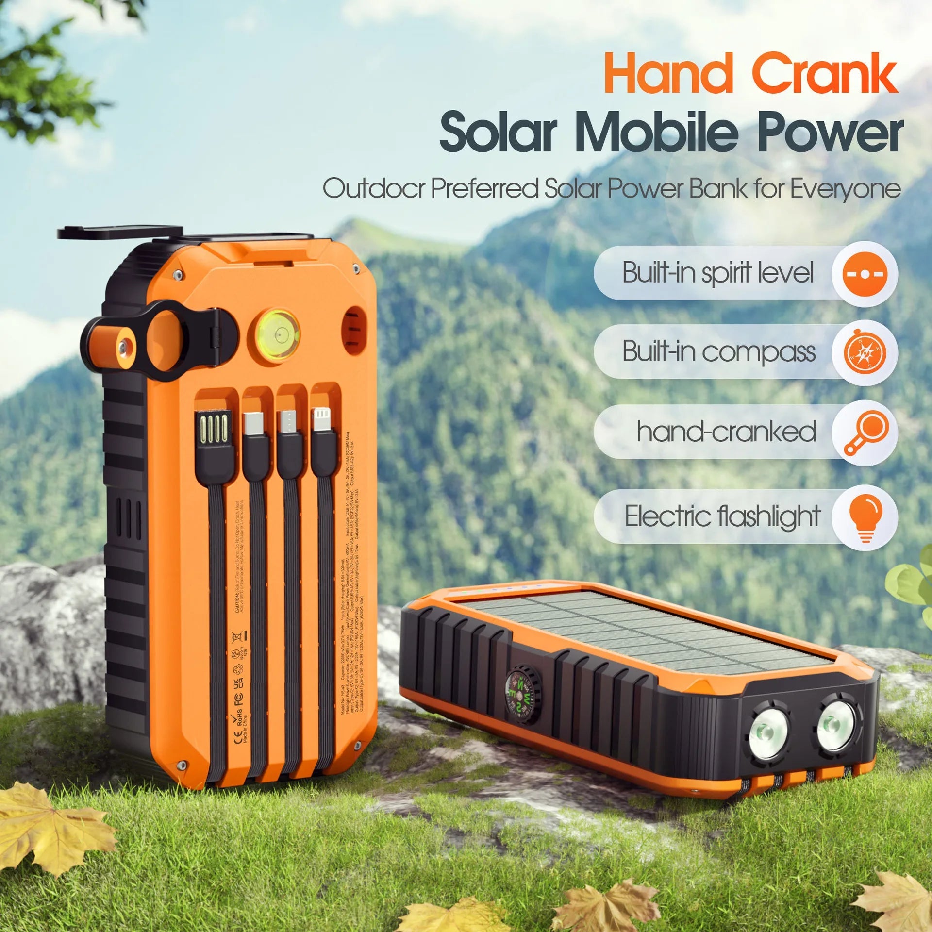 40000mAh Solar Power Bank with Hand Crank Portable 22.5W Fast Charger Built-in Cable External Battery for Phones Camping Outdoor - Golden High-Tech