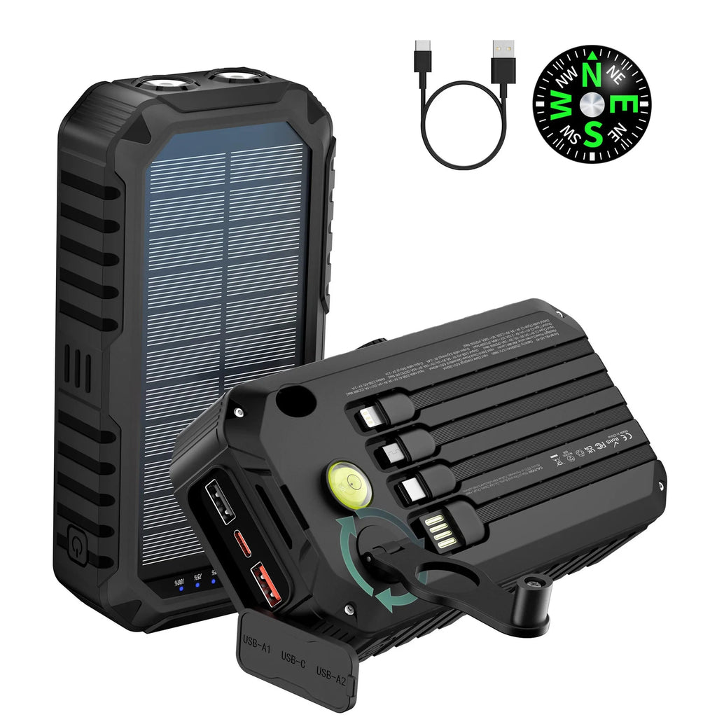 40000mAh Solar Power Bank with Hand Crank Portable 22.5W Fast Charger Built-in Cable External Battery for Phones Camping Outdoor - Golden High-Tech