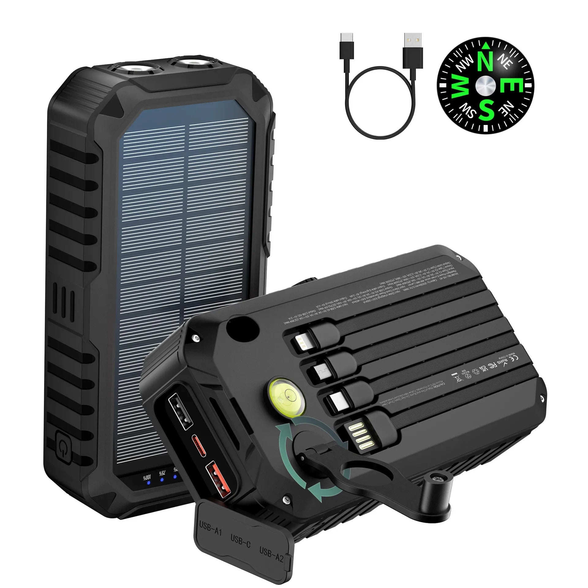 40000mAh Solar Power Bank with Hand Crank Portable 22.5W Fast Charger Built-in Cable External Battery for Phones Camping Outdoor - Golden High-Tech