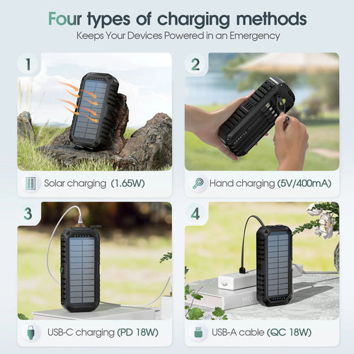 40000mAh Solar Power Bank with Hand Crank Portable 22.5W Fast Charger Built-in Cable External Battery for Phones Camping Outdoor - Golden High-Tech