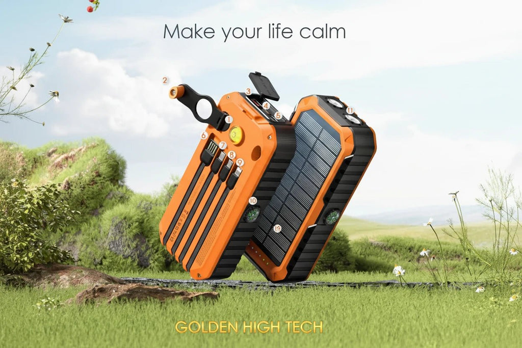 40000mAh Solar Power Bank with Hand Crank Portable 22.5W Fast Charger Built-in Cable External Battery for Phones Camping Outdoor - Golden High-Tech