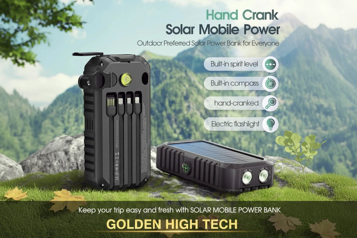 40000mAh Solar Power Bank with Hand Crank Portable 22.5W Fast Charger Built-in Cable External Battery for Phones Camping Outdoor - Golden High-Tech