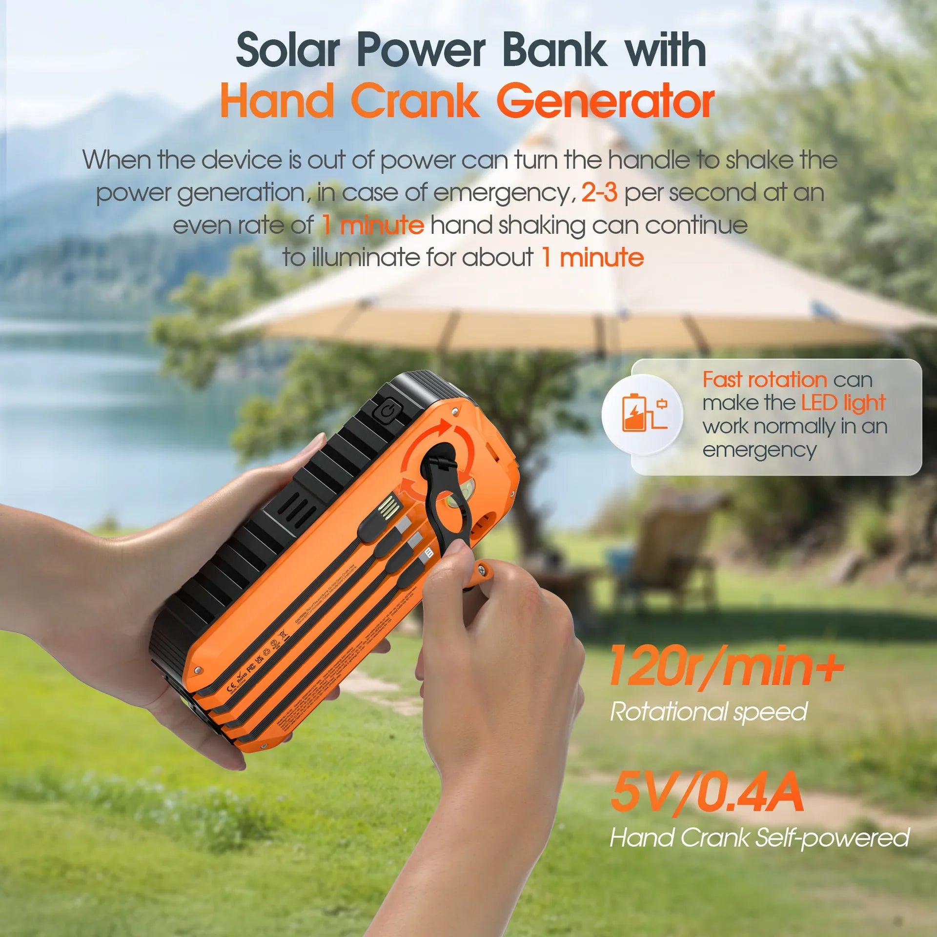 40000mAh Solar Power Bank with Hand Crank Portable 22.5W Fast Charger Built-in Cable External Battery for Phones Camping Outdoor - Golden High-Tech