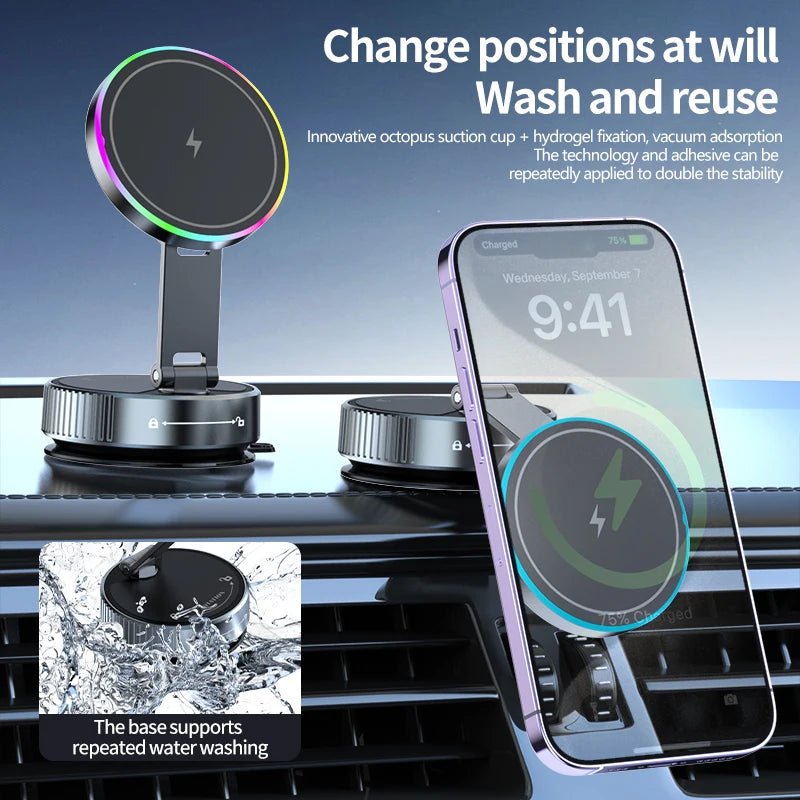 Chargeur magnétique sans fil à aspiration sous vide 15W, support de téléphone pour voiture, rotatif à 360 degrés, Compatible avec les Smartphones iPhone - Golden High-Tech