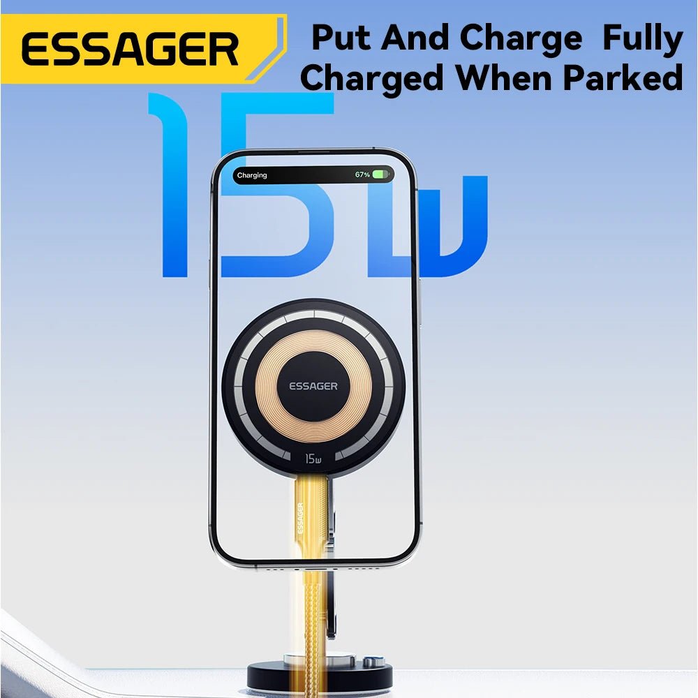 Essager Magnetic Wireless Charger Car Phone Holder 15W Fast Charging Easy Paste Mount Stand For Magsafe iPhone 15 14 13 Pro Max - Golden High-Tech