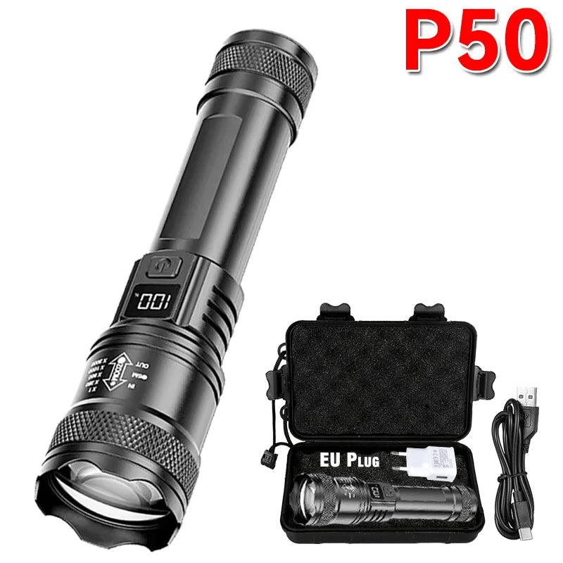 Lampe de poche tactiqueTorche LED P50 Haute Puissance 2000LM LED P50 Ultra lumineuse, 2000lm, projecteur d'urgence EDC, Zoom télescopique, torche portative avec batterie 14500/18650 - Golden High-Tech