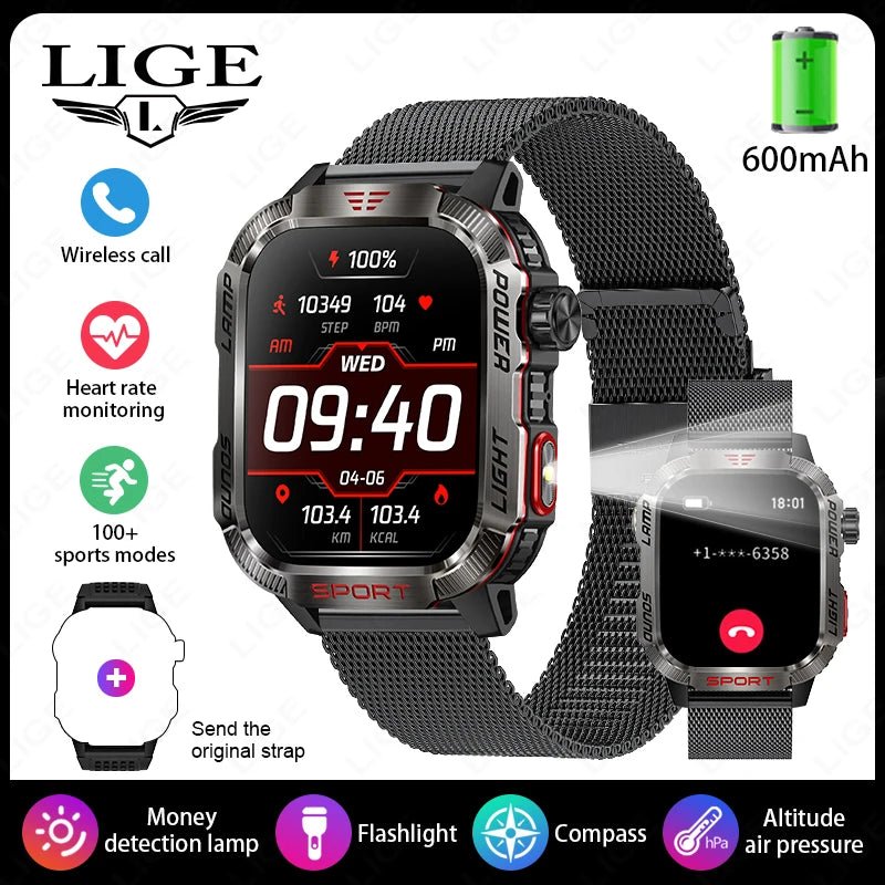 LIGE-Montre intelligente aste pour homme, batterie 600mAh, connexion pour tous les smartphones, lampe de poche LED, montre intelligente étanche pour le sport - Golden High-Tech