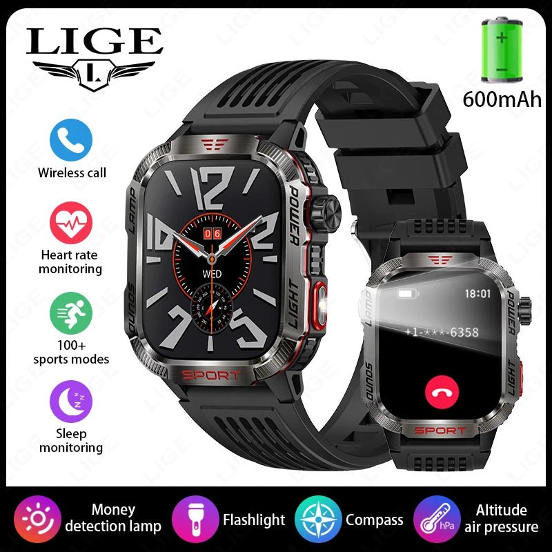 LIGE-Montre intelligente aste pour homme, batterie 600mAh, connexion pour tous les smartphones, lampe de poche LED, montre intelligente étanche pour le sport - Golden High-Tech