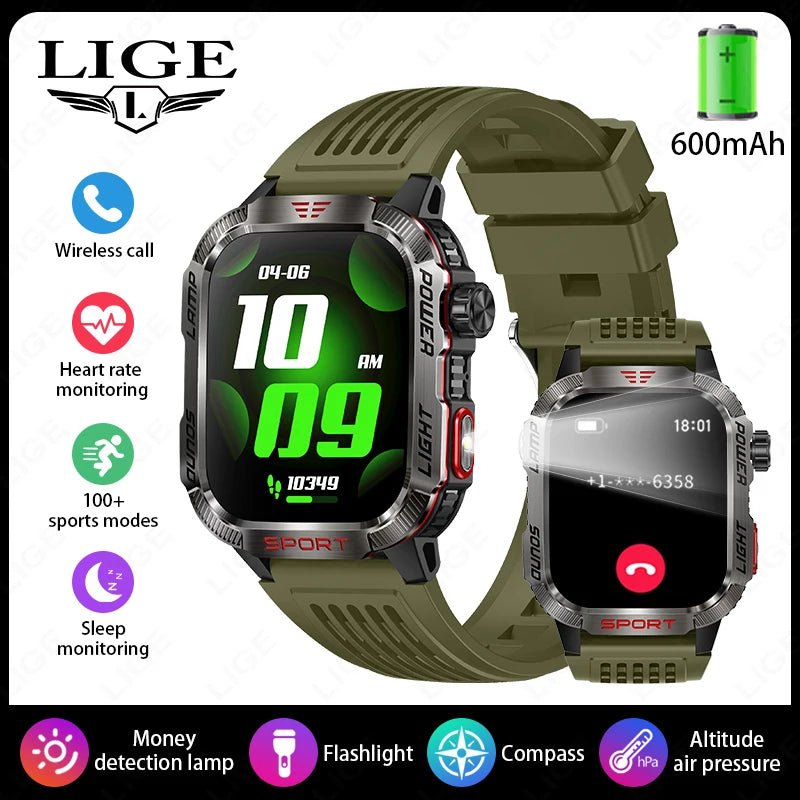LIGE-Montre intelligente aste pour homme, batterie 600mAh, connexion pour tous les smartphones, lampe de poche LED, montre intelligente étanche pour le sport - Golden High-Tech