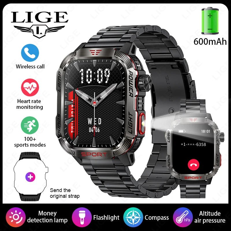LIGE-Montre intelligente aste pour homme, batterie 600mAh, connexion pour tous les smartphones, lampe de poche LED, montre intelligente étanche pour le sport - Golden High-Tech