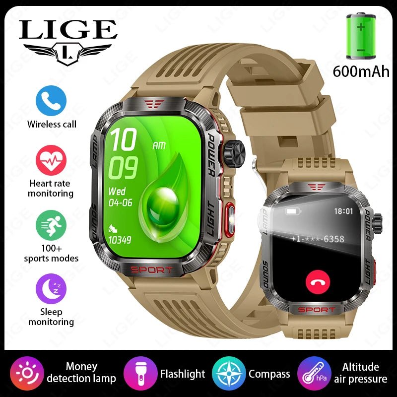 LIGE-Montre intelligente aste pour homme, batterie 600mAh, connexion pour tous les smartphones, lampe de poche LED, montre intelligente étanche pour le sport - Golden High-Tech