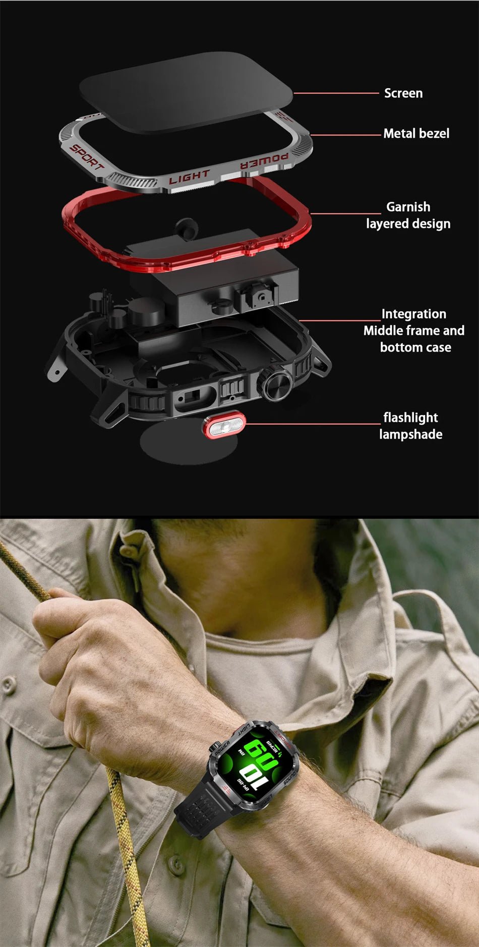 LIGE-Montre intelligente aste pour homme, batterie 600mAh, connexion pour tous les smartphones, lampe de poche LED, montre intelligente étanche pour le sport - Golden High-Tech