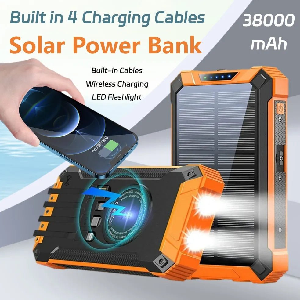 Long-lasting Solar Power Bank, Portable Solar External Battery Pack Built-in Cables, Portable Wireless Charger with Solar Panel - Golden High-Tech