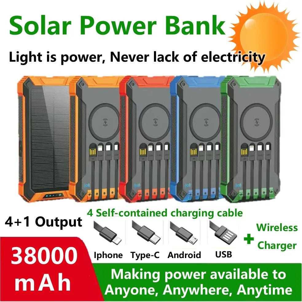 Long-lasting Solar Power Bank, Portable Solar External Battery Pack Built-in Cables, Portable Wireless Charger with Solar Panel - Golden High-Tech