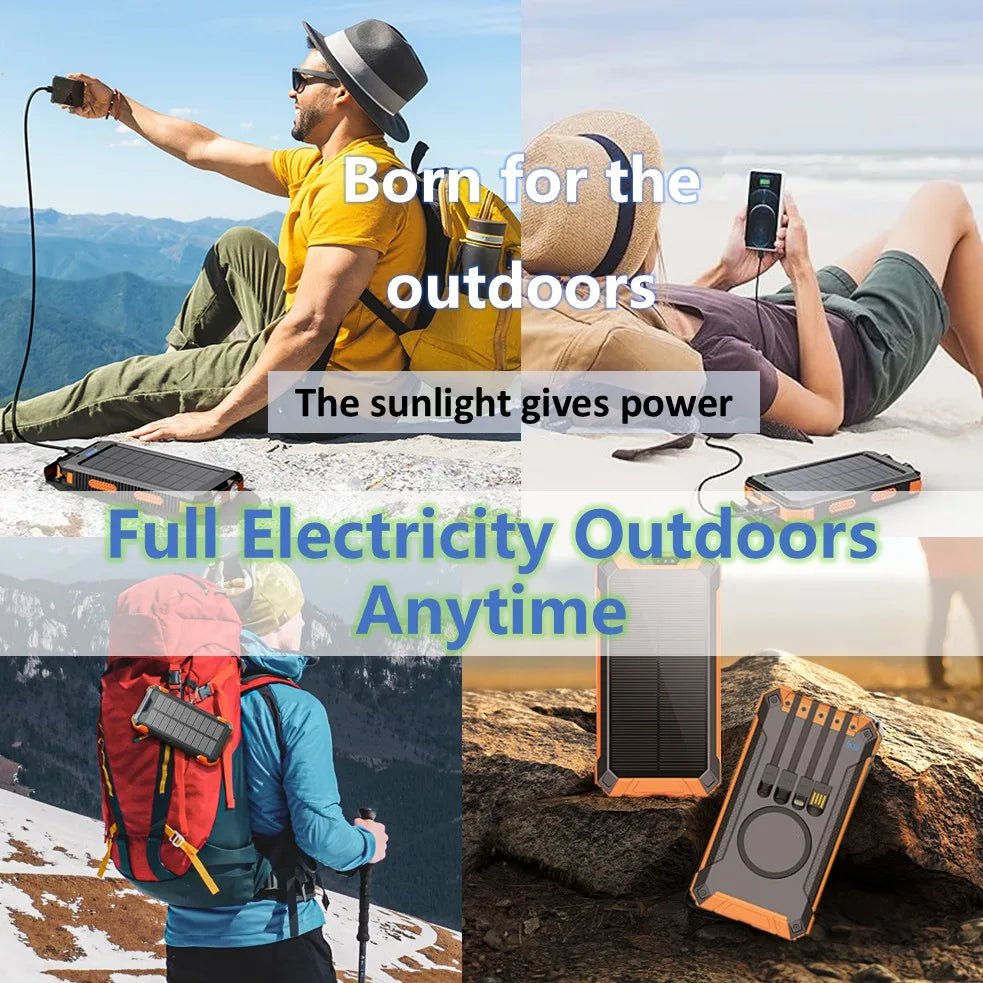 Long-lasting Solar Power Bank, Portable Solar External Battery Pack Built-in Cables, Portable Wireless Charger with Solar Panel - Golden High-Tech