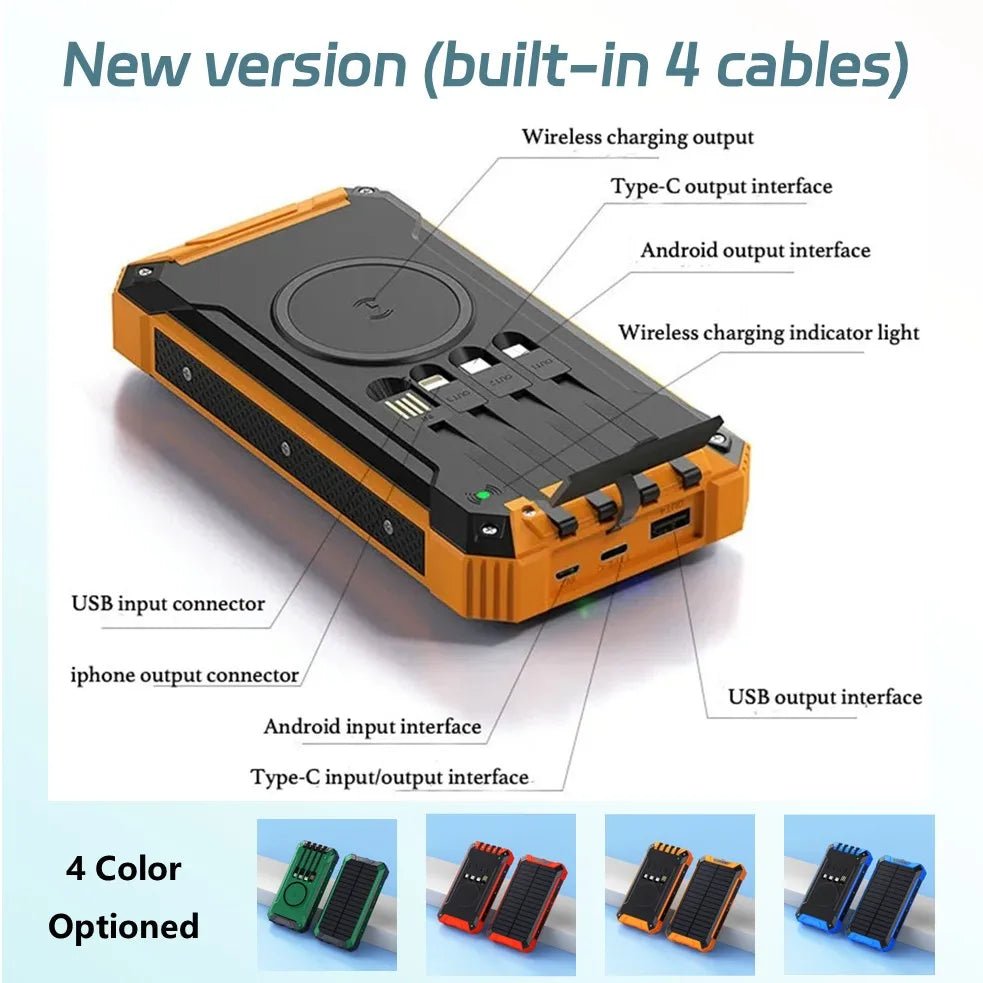 Long-lasting Solar Power Bank, Portable Solar External Battery Pack Built-in Cables, Portable Wireless Charger with Solar Panel - Golden High-Tech