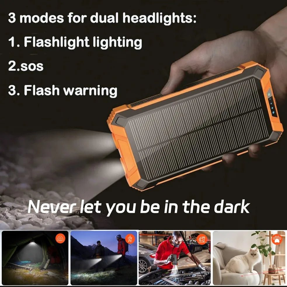 Long-lasting Solar Power Bank, Portable Solar External Battery Pack Built-in Cables, Portable Wireless Charger with Solar Panel - Golden High-Tech