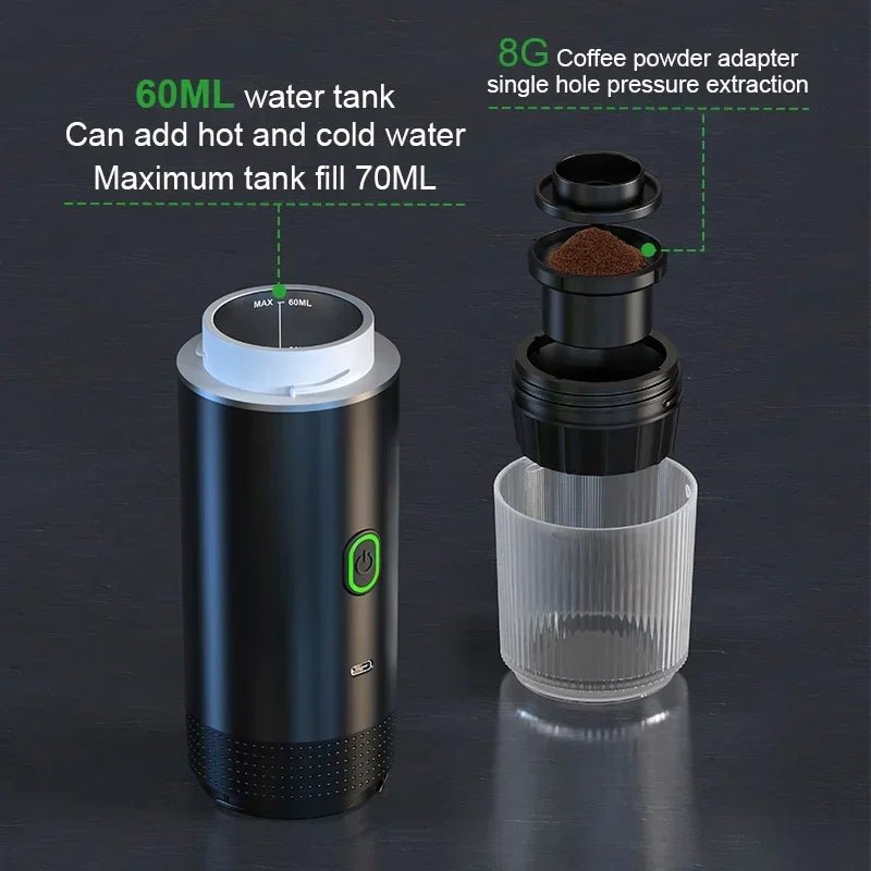 Machine à café expresso électrique Portable sans fil, pour voiture et maison, Camping, 3 en 1, capsules de poudre, cafetière de voyage - Golden High-Tech