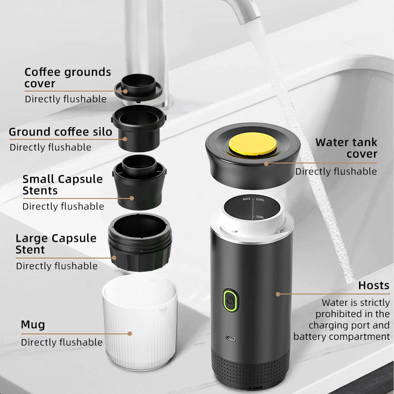 Machine à café expresso électrique Portable sans fil, pour voiture et maison, Camping, 3 en 1, capsules de poudre, cafetière de voyage - Golden High-Tech