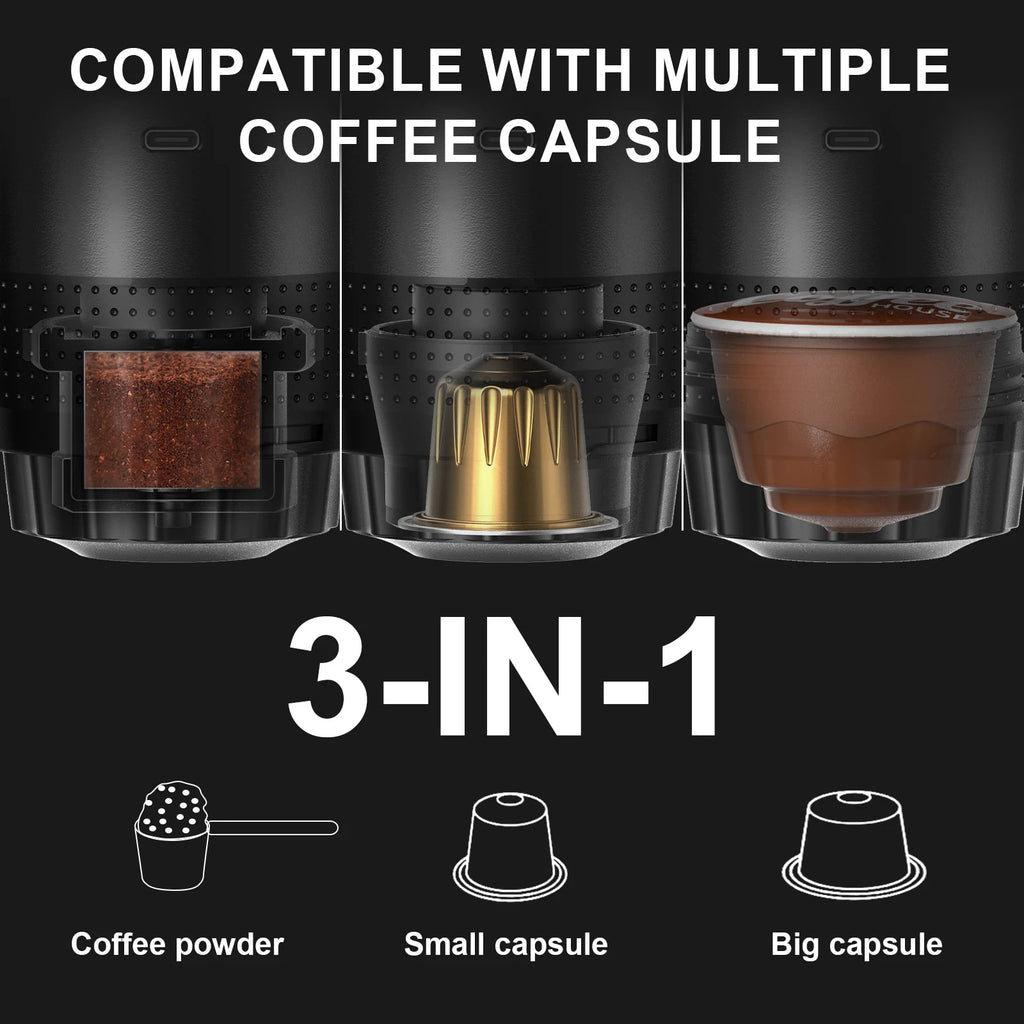 Machine à café expresso électrique Portable sans fil, pour voiture et maison, Camping, 3 en 1, capsules de poudre, cafetière de voyage - Golden High-Tech