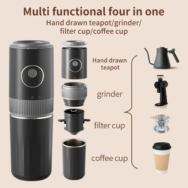 Machine à café portable sans fil 2-en-1 pour le camping en plein air - Broyeur de grains et cafetière manuelle portable - Golden High-Tech