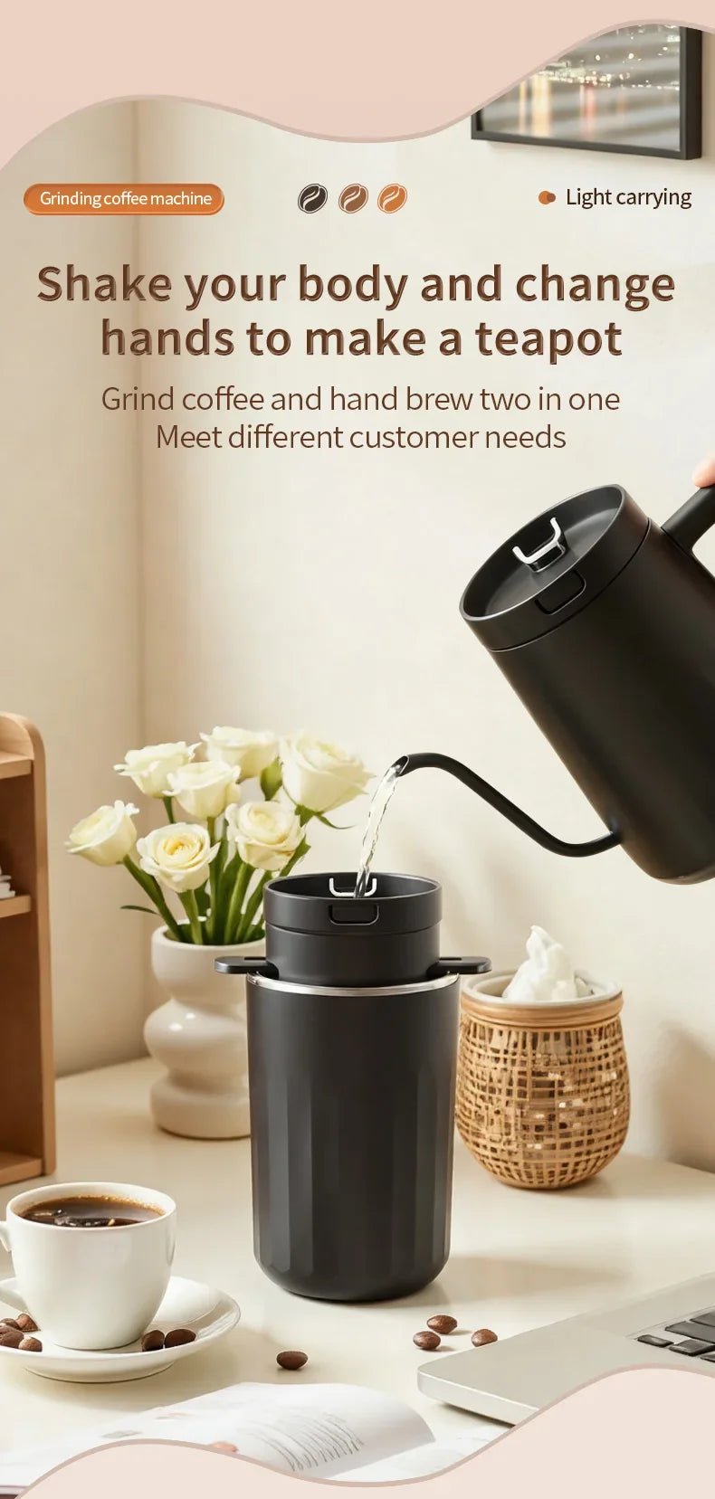 Machine à café portable sans fil 2-en-1 pour le camping en plein air - Broyeur de grains et cafetière manuelle portable - Golden High-Tech