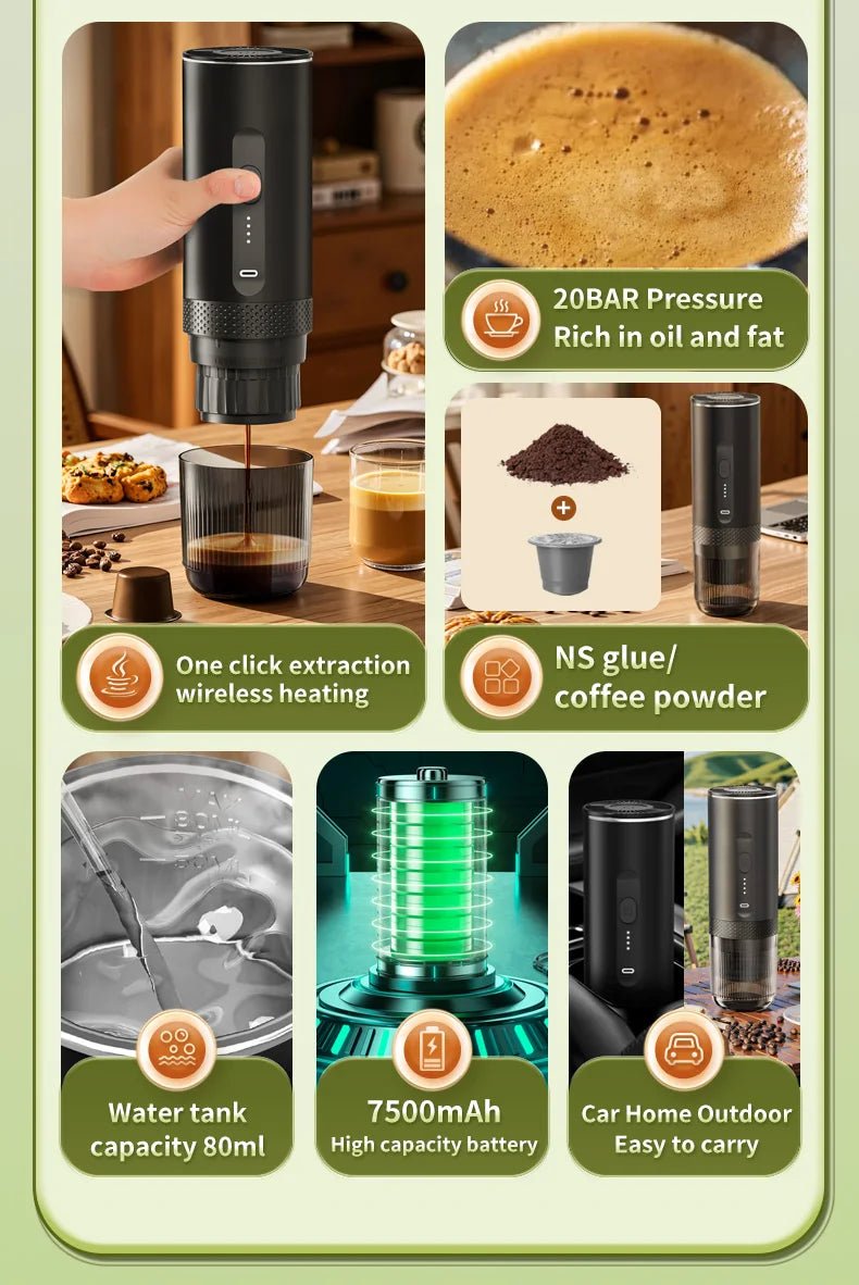 Machine à expresso Portable, 20 bars, chauffage, sans fil, Rechargeable - Golden High-Tech