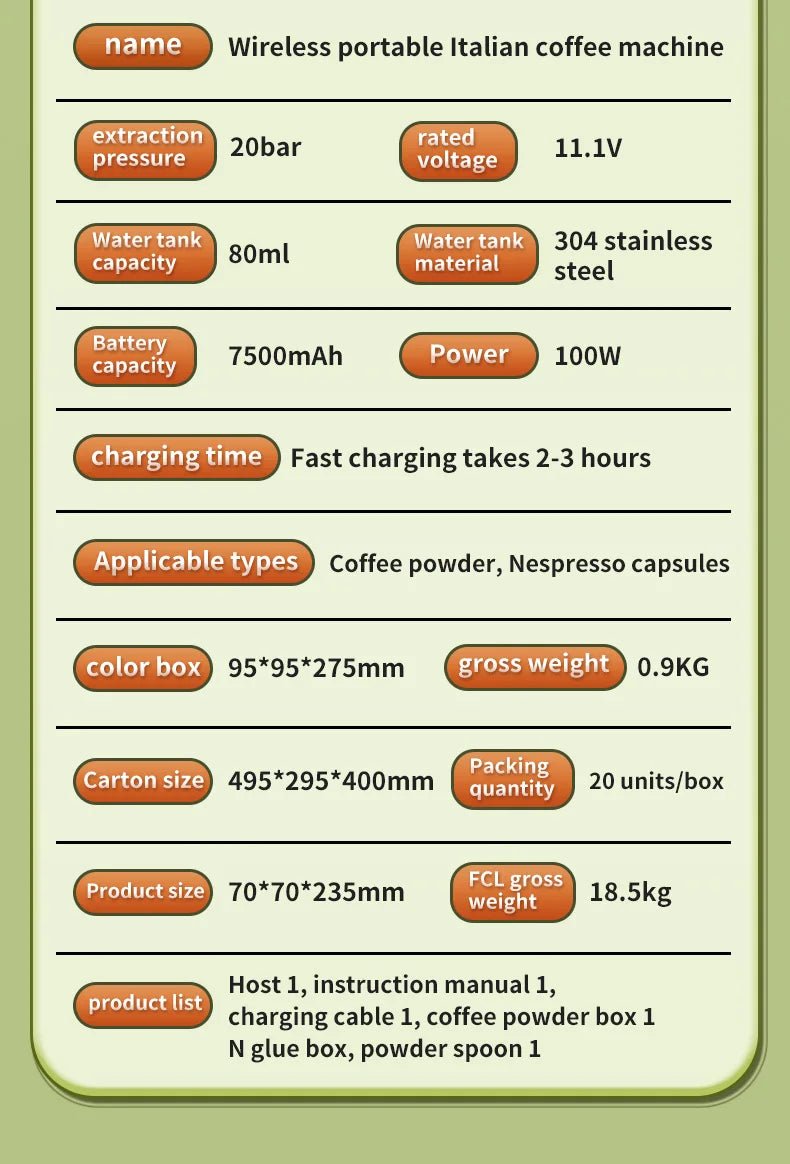 Machine à expresso Portable, 20 bars, chauffage, sans fil, Rechargeable - Golden High-Tech