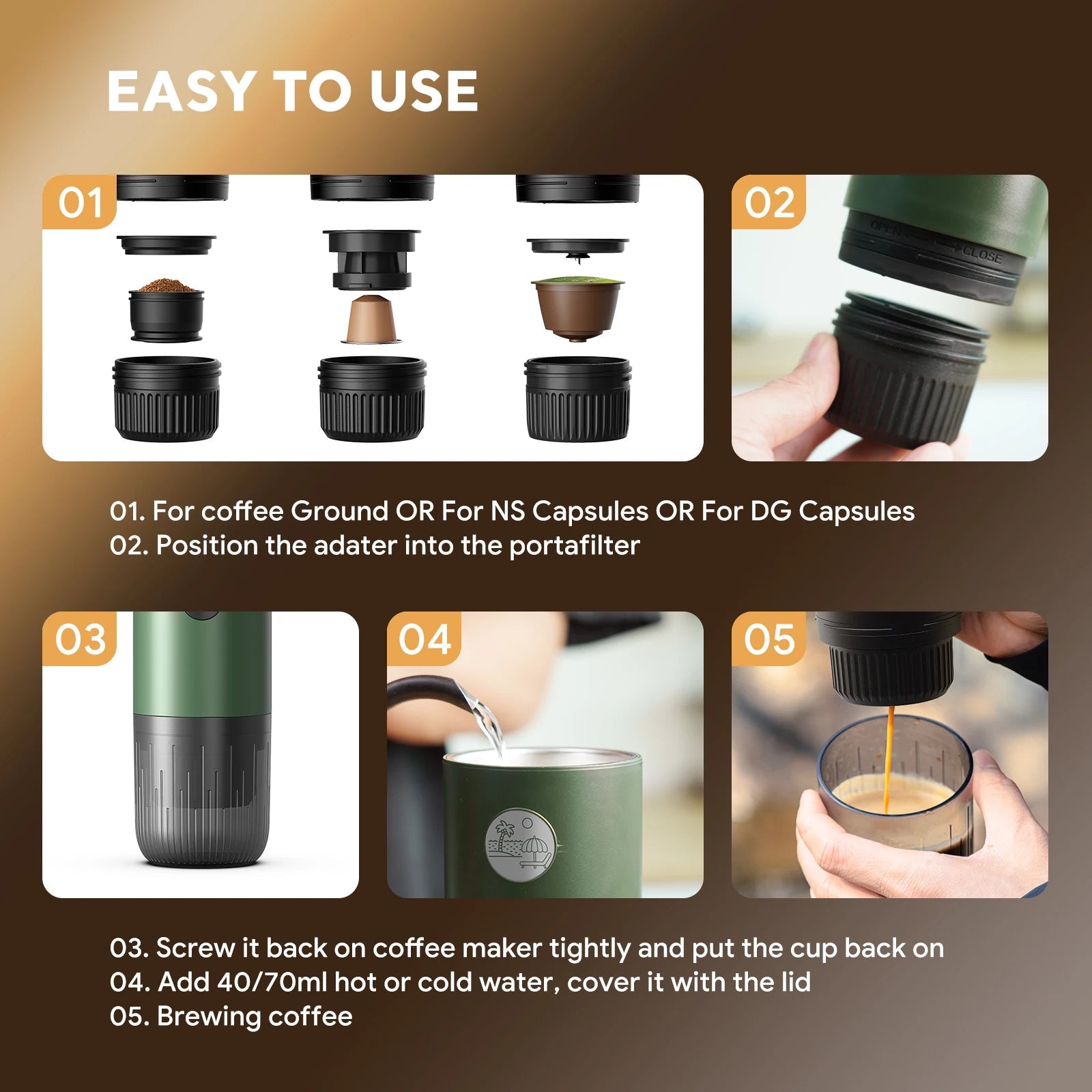 Machine à expresso Portable 3 en 1, cafetière de voyage pour Camping randonnée bureau auto-chauffante avec USB-C - Golden High-Tech