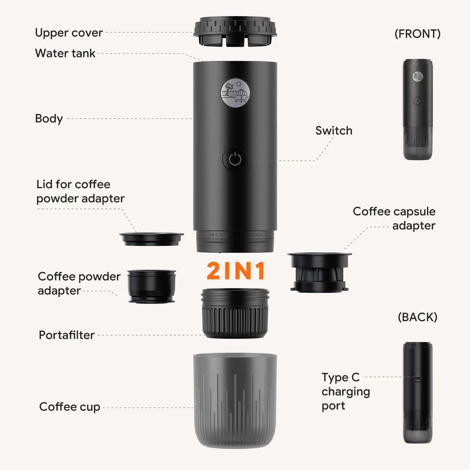 Machine à expresso portable 3-en-1, cafetière de voyage pour le camping, la randonnée, le bureau, auto-chauffante avec USB-C - Golden High-Tech