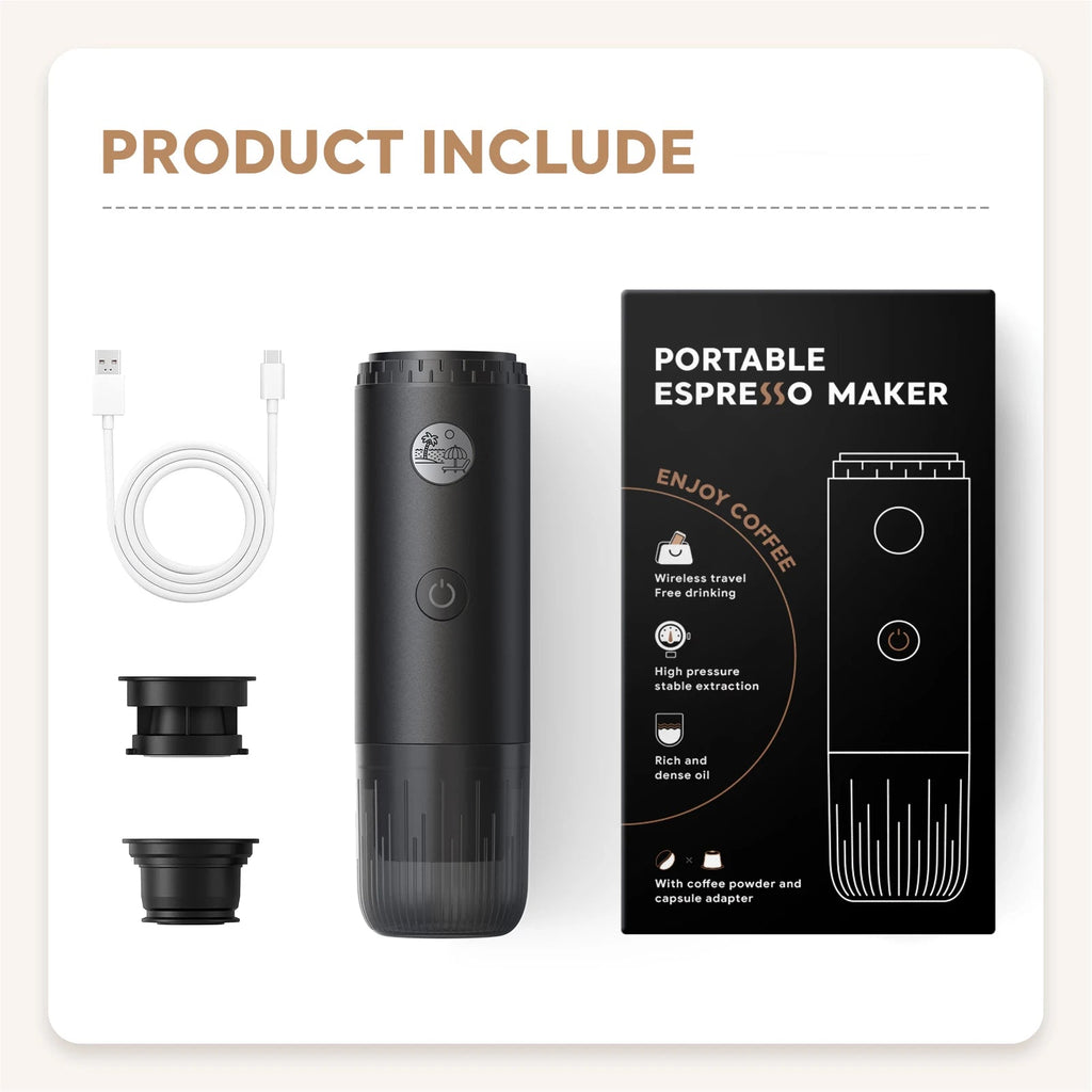 Machine à expresso portable 3-en-1, cafetière de voyage pour le camping, la randonnée, le bureau, auto-chauffante avec USB-C - Golden High-Tech