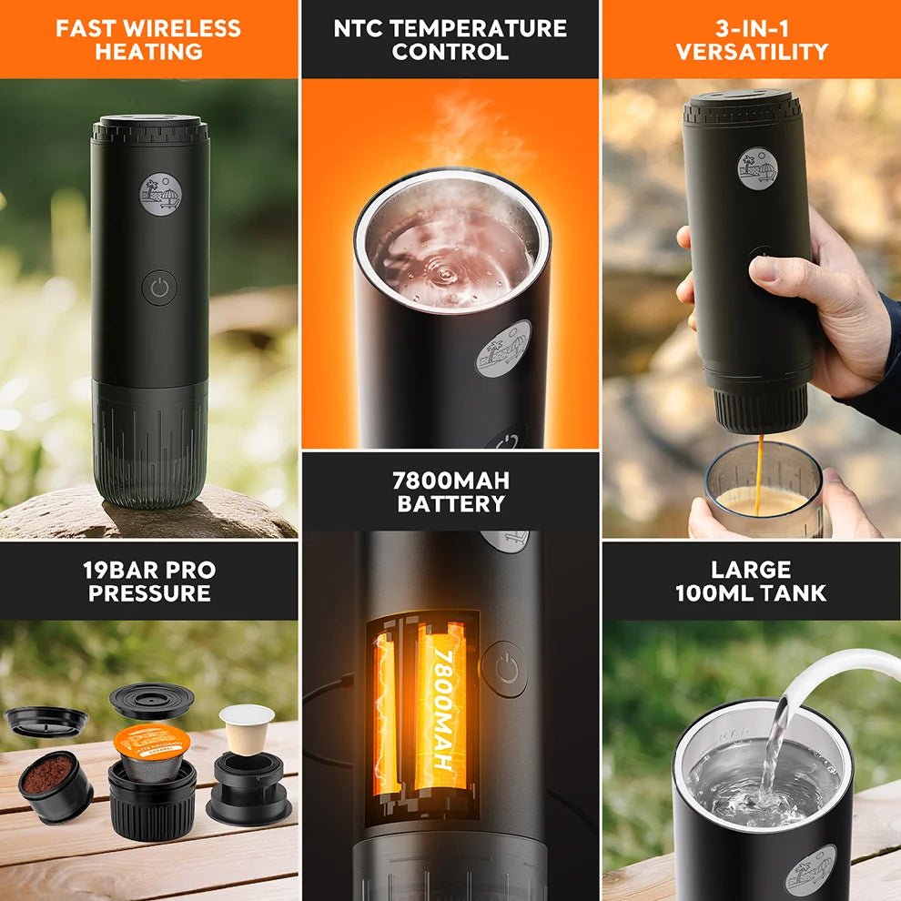 Machine à expresso portable 3-en-1, cafetière de voyage pour le camping, la randonnée, le bureau, auto-chauffante avec USB-C - Golden High-Tech