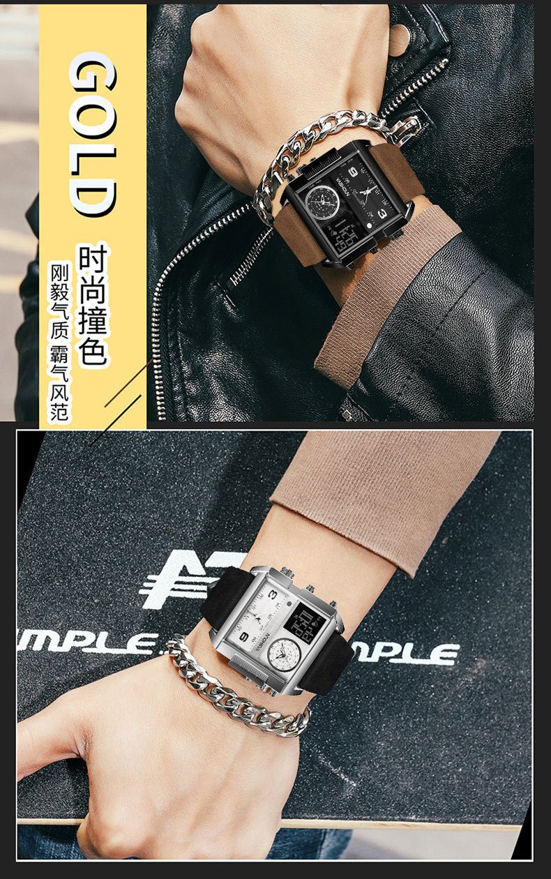 Multifunctional Sports Watch Men's Large Dial Digital Dual Display Electronic Watch Waterproof Belt Men's Watch Cross-border Foreign Trade Watch - Golden High-Tech