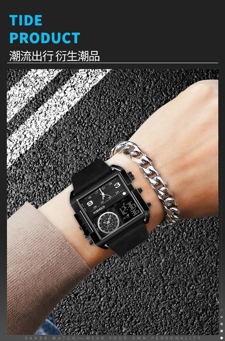 Multifunctional Sports Watch Men's Large Dial Digital Dual Display Electronic Watch Waterproof Belt Men's Watch Cross-border Foreign Trade Watch - Golden High-Tech