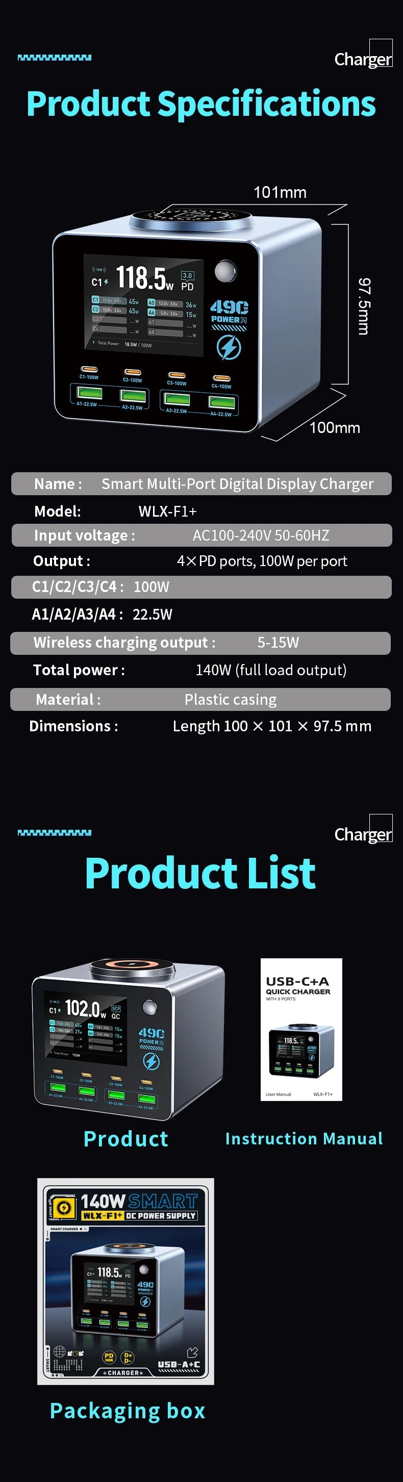 Nouveau chargeur numérique intelligent 140W, chargeur sans fil, chargeur multi-ports (4C4A) pour smartphones, tablettes et plus - Golden High-Tech
