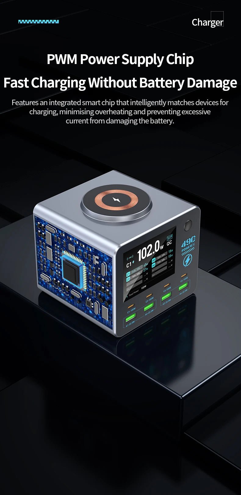 Nouveau chargeur numérique intelligent 140W, chargeur sans fil, chargeur multi-ports (4C4A) pour smartphones, tablettes et plus - Golden High-Tech