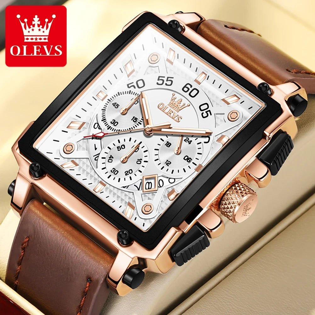 OLEVS 9919 hommes montre originale marque carré montre à Quartz étanche lumineux bracelet en cuir Sport horloge mâle montre pour hommes - Golden High-Tech