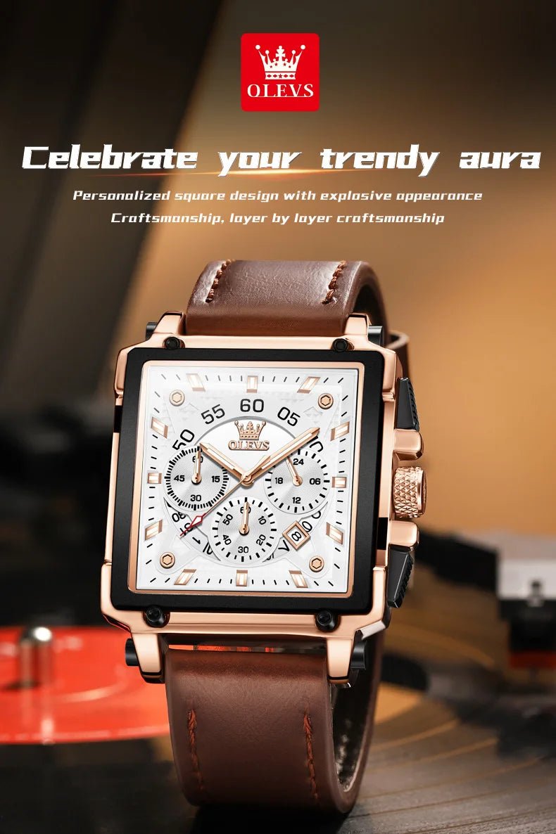 OLEVS 9919 hommes montre originale marque carré montre à Quartz étanche lumineux bracelet en cuir Sport horloge mâle montre pour hommes - Golden High-Tech