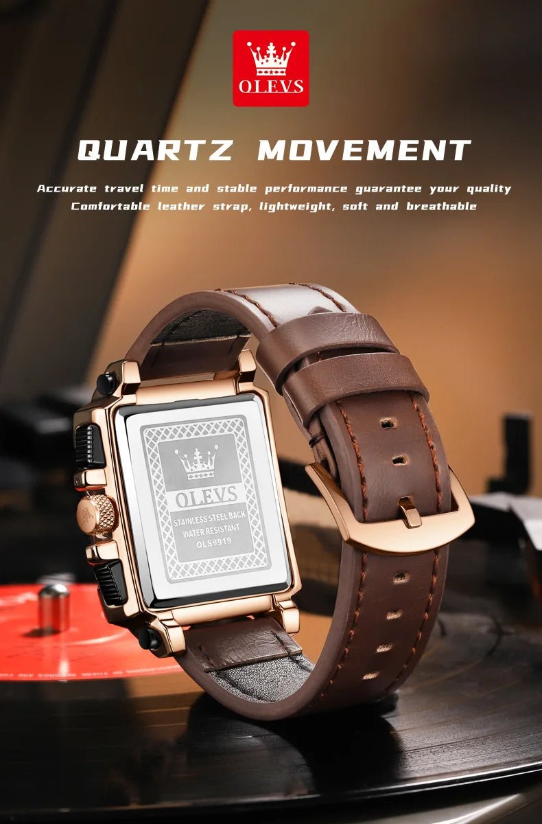 OLEVS 9919 hommes montre originale marque carré montre à Quartz étanche lumineux bracelet en cuir Sport horloge mâle montre pour hommes - Golden High-Tech