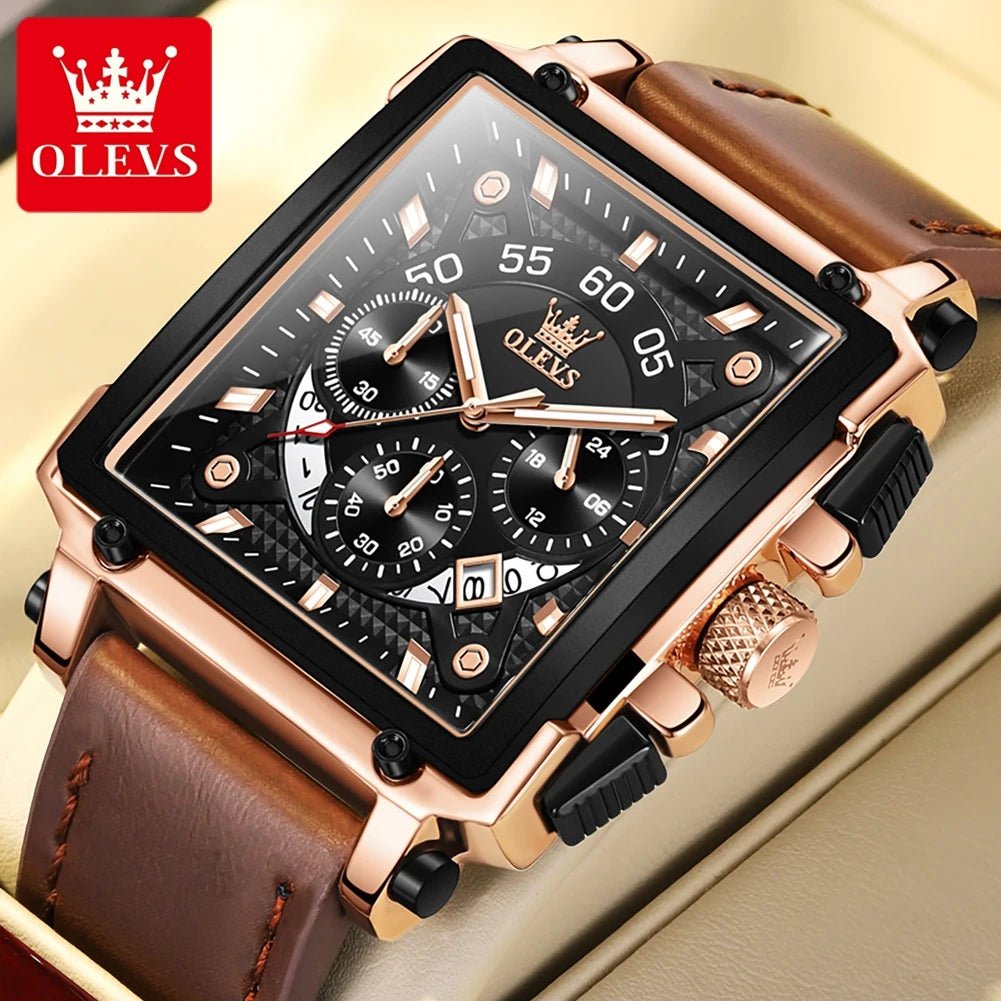 OLEVS 9919 hommes montre originale marque carré montre à Quartz étanche lumineux bracelet en cuir Sport horloge mâle montre pour hommes - Golden High-Tech