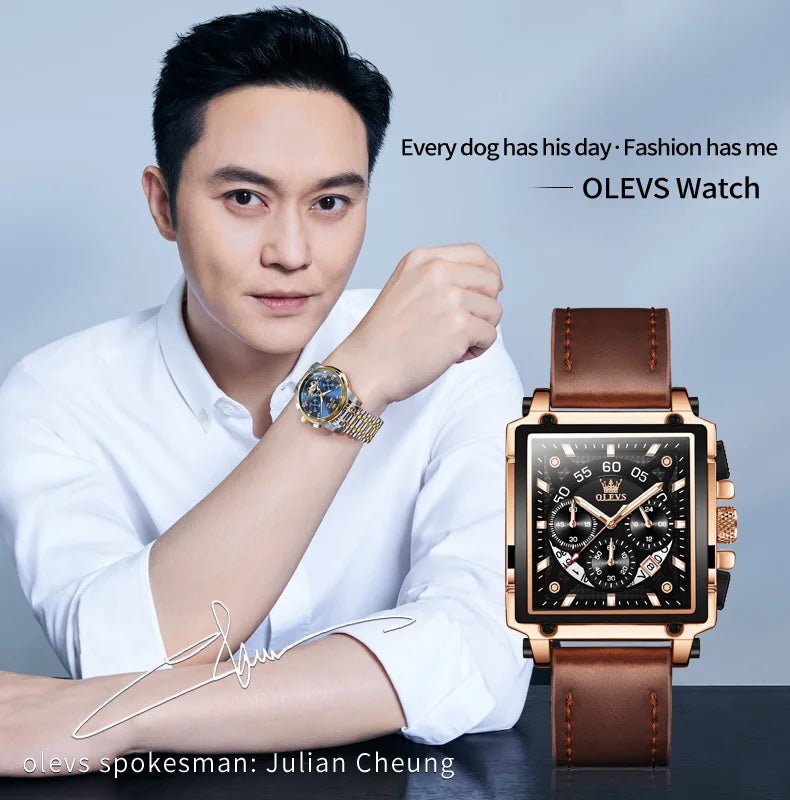 OLEVS 9919 hommes montre originale marque carré montre à Quartz étanche lumineux bracelet en cuir Sport horloge mâle montre pour hommes - Golden High-Tech