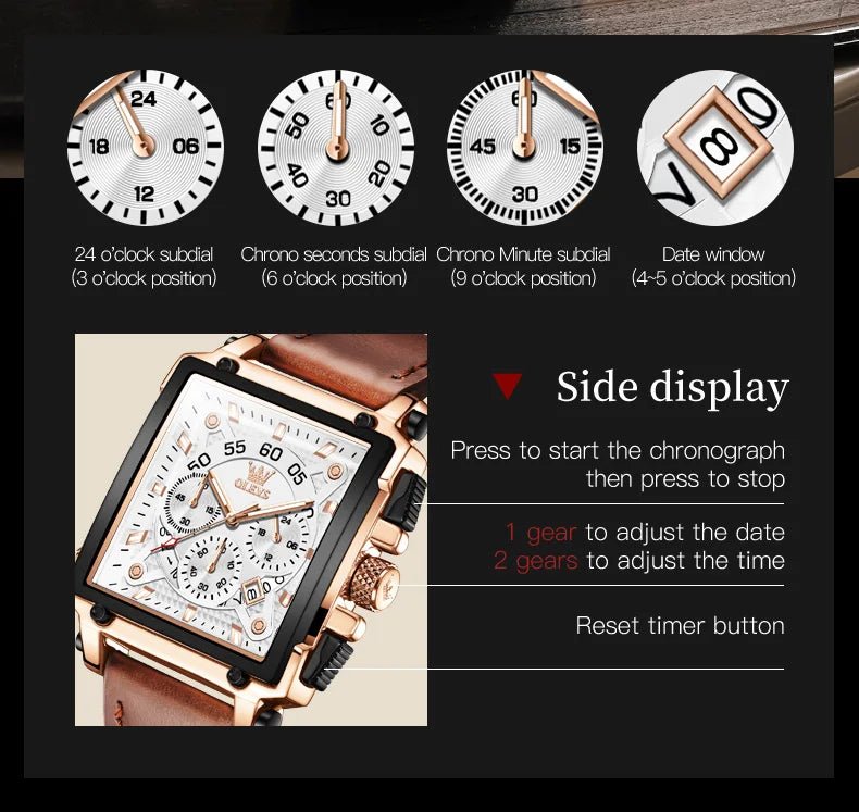 OLEVS 9919 hommes montre originale marque carré montre à Quartz étanche lumineux bracelet en cuir Sport horloge mâle montre pour hommes - Golden High-Tech