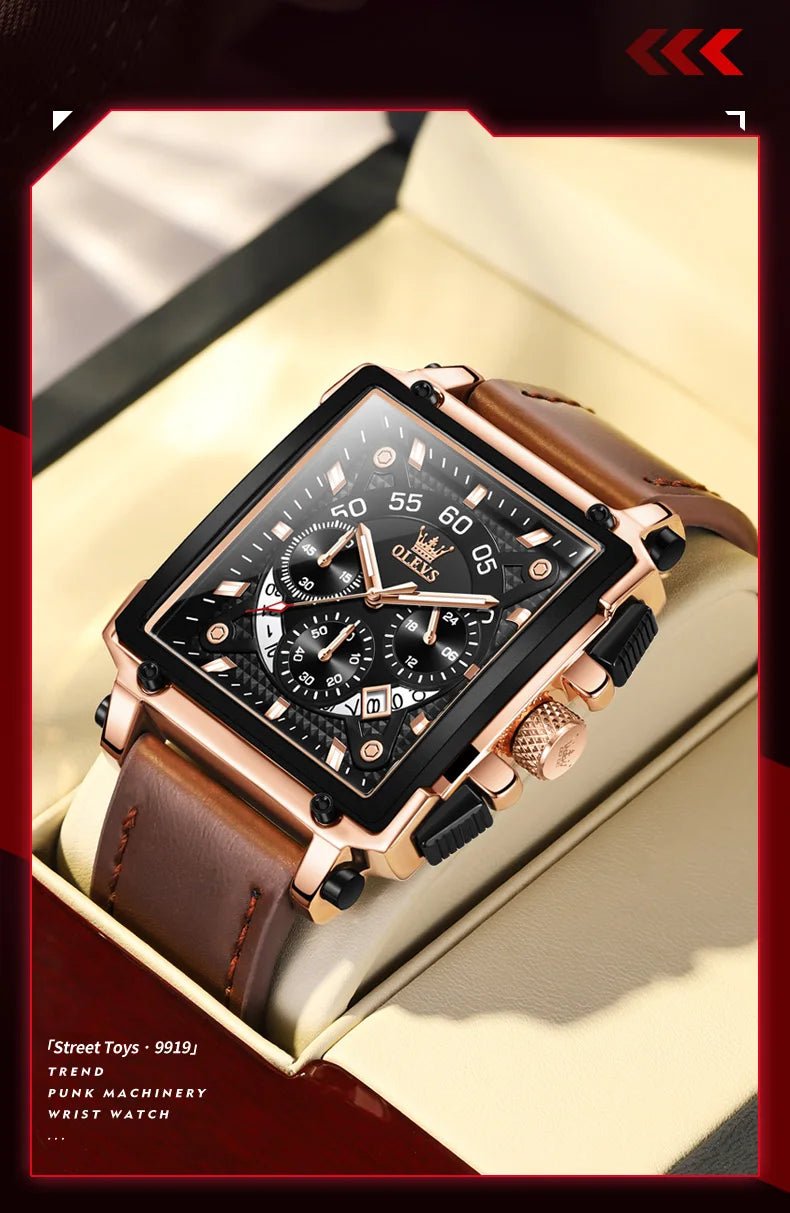 OLEVS 9919 hommes montre originale marque carré montre à Quartz étanche lumineux bracelet en cuir Sport horloge mâle montre pour hommes - Golden High-Tech