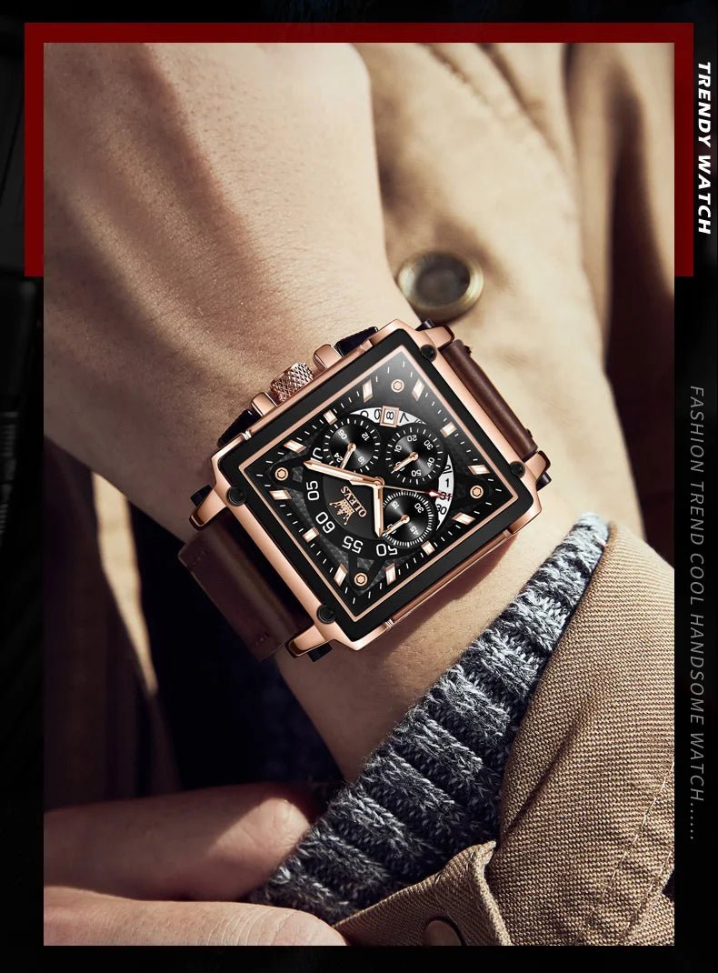 OLEVS 9919 hommes montre originale marque carré montre à Quartz étanche lumineux bracelet en cuir Sport horloge mâle montre pour hommes - Golden High-Tech