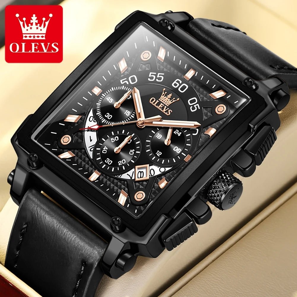 OLEVS 9919 hommes montre originale marque carré montre à Quartz étanche lumineux bracelet en cuir Sport horloge mâle montre pour hommes - Golden High-Tech