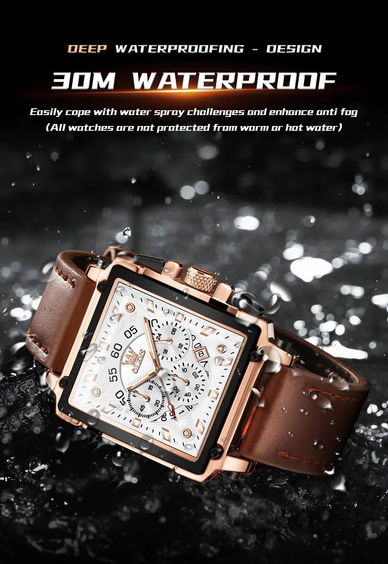 OLEVS 9919 hommes montre originale marque carré montre à Quartz étanche lumineux bracelet en cuir Sport horloge mâle montre pour hommes - Golden High-Tech