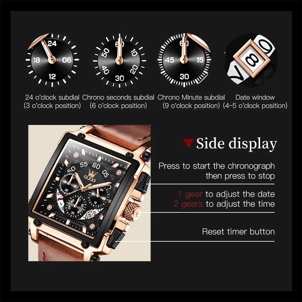 OLEVS 9919 hommes montre originale marque carré montre à Quartz étanche lumineux bracelet en cuir Sport horloge mâle montre pour hommes - Golden High-Tech