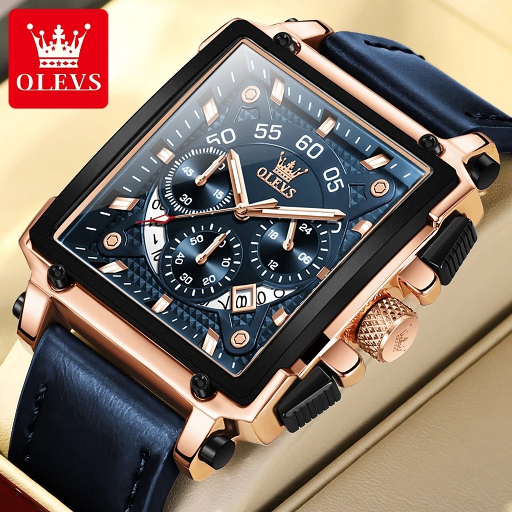 OLEVS 9919 hommes montre originale marque carré montre à Quartz étanche lumineux bracelet en cuir Sport horloge mâle montre pour hommes - Golden High-Tech